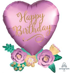 30''M. BIRTHDAY SATIN HEART WITH FLOWERS H / S