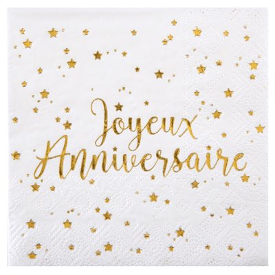 Serviette Joyeux Anniversaire Blanc 12.5 x 12.5 cm Sachet de Serviette Joyeux Anniversaire Blanc 12.5 x 12.5 cm Sachet de