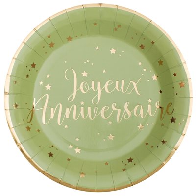 Assiette Joyeux Anniversaire Sauge Sachet de 10 pièces