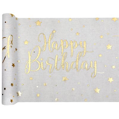 Chemin de table Happy Birthday Blanc 28 cm Rouleau de 3 mètr Chemin de table Happy Birthday Blanc 28 cm Rouleau de 3 mètr