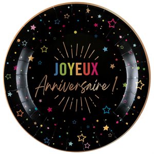 Assiette Anniversaire Festicolor Noir 22.5 cm Sachet de 6 p